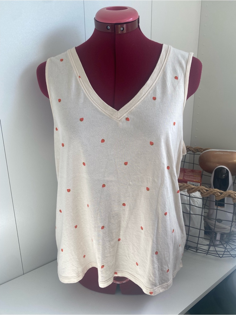 Old Navy Cream V-Neck Tank with Strawberry Print